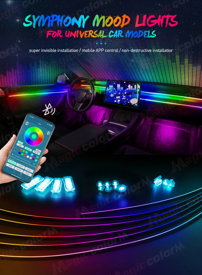 18 in 1 Led Car Ambient Lights 213 64 Color RGB Symphony Streamer Bluetooth Rainbow Interior Acrylic Strips Atmosphere Lamp Kit